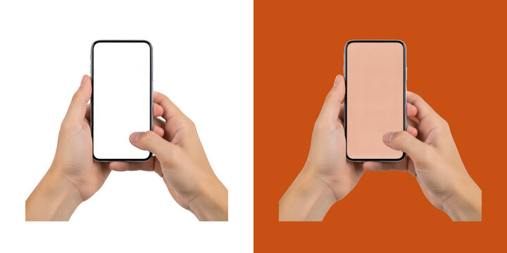 Hands holding a smartphone with empty screen mockup transparent png