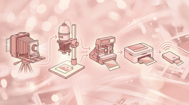 Evolution of photography equipment showing the transition from film to digital