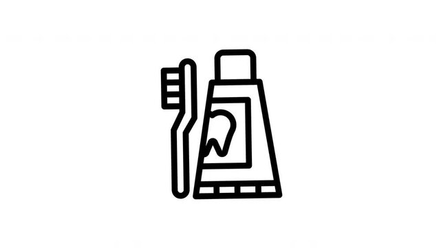 Animated toothbrush and toothpaste line icons on transparent background