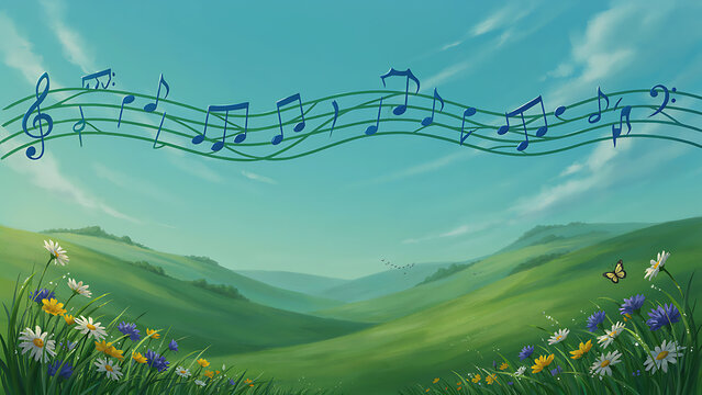 Hand drawn music staff floating across blue sky over wildflower field