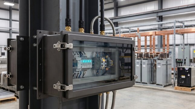 Pulse power resistant smart grid iot edge gateway enclosure mounted to steel column inside high megawatt energy storage and capacitor discharge annex of aerospace hypersonic wind tunnel facility