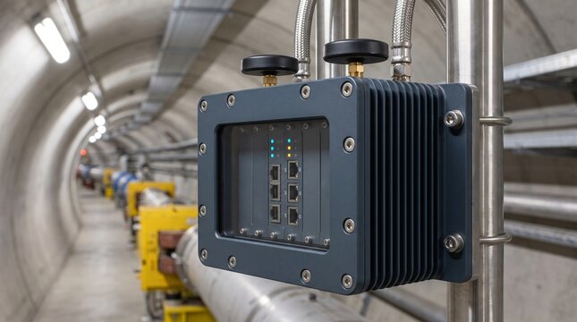 Radiation tolerant smart grid edge computing iot gateway enclosure mounted inside subterranean circular ring tunnel of particle accelerator synchrotron beam bending magnet feeder facility