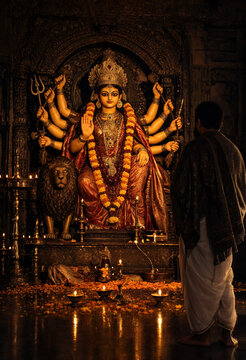 Devotee Praying Before Elaborate Hindu Goddess Statue in Temple