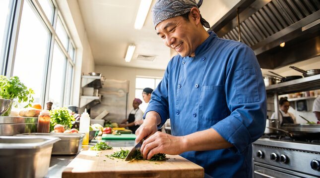 Asian male chef smiling while chopping herbs in commercial kitchen