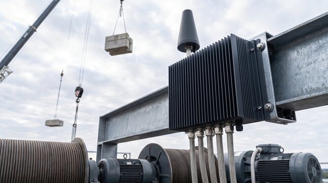 Ruggedized smart grid iot edge computing gateway with heated radome mounted to structural steel column on elevated winch machinery deck atop utility scale gravity energy storage crane tower