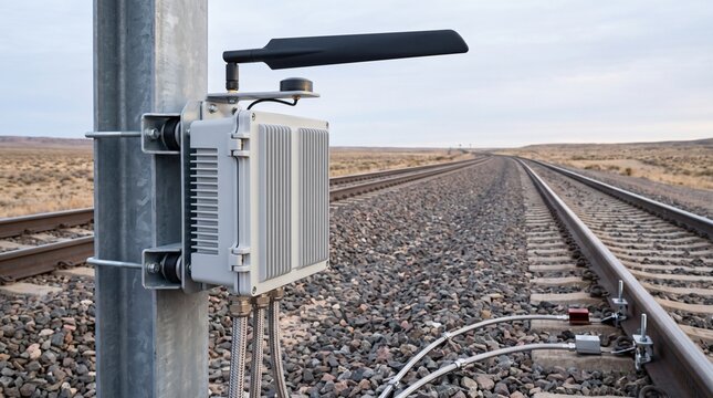 Ruggedized trackside smart grid iot edge telemetry gateway enclosure clamped to wayside galvanized mast beside heavy haul mineral freight railway line with axle box hot bearing detector pyrometers