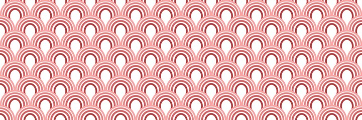 Seamless pattern with pink repeating fish scale shapes, oriental waves, or arches on a white background. Abstract geometric texture. © Kara kara