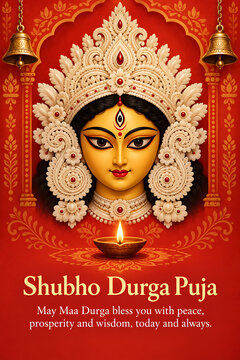 Divine goddess durga portrait with ornate crown diya and festive red background celebrating durga puja navratri devotion blessings and traditional hindu culture