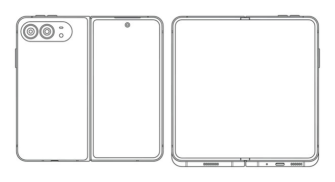 Foldable phone with dual screens and multiple cameras in outline illustration