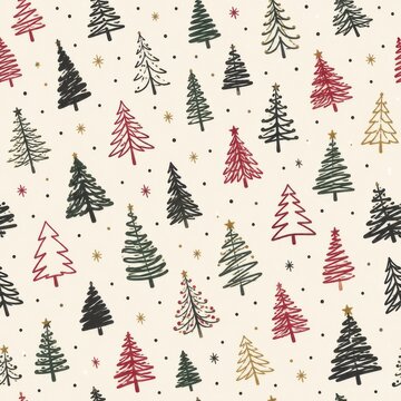 Hand drawn Christmas tree seamless pattern on cream background