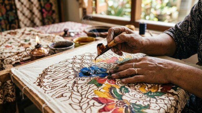 Close up of an artisan drawing traditional Indonesian batik patterns with a canting tool.