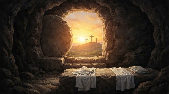 Easter Sunday empty tomb with burial cloths and crosses at sunrise background