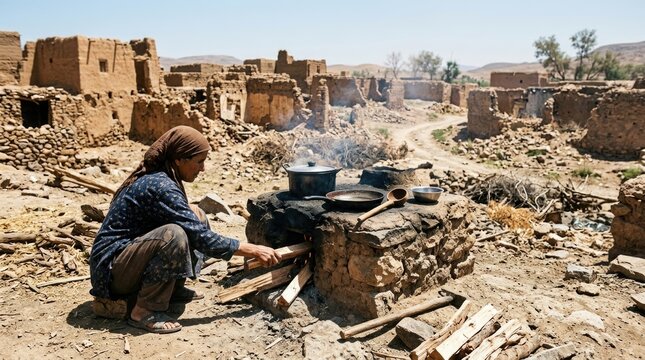 Woman cooking outdoors in a traditional village with ancient mud brick houses.