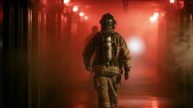Firefighter walks through smoke-filled hallway at night in training exercise