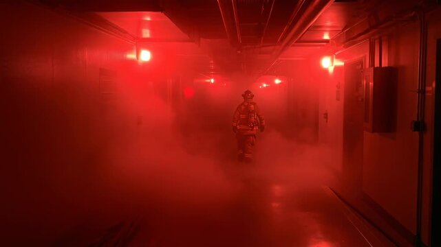 Firefighter moves through a smoke-filled hallway during an emergency response training