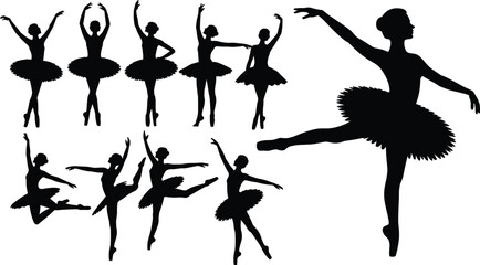 Ballet dancer silhouette icon set featuring arabesque, pirouette, and graceful tutu poses for dance and performance design projects © MdMotahar