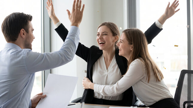Cheerful business colleagues celebrating job promotion with high fives and hugs during office meeting