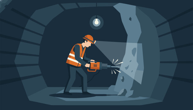 Industrial miner wearing a safety helmet and vest drilling rock inside a dark underground mine shaft with a jackhammer.