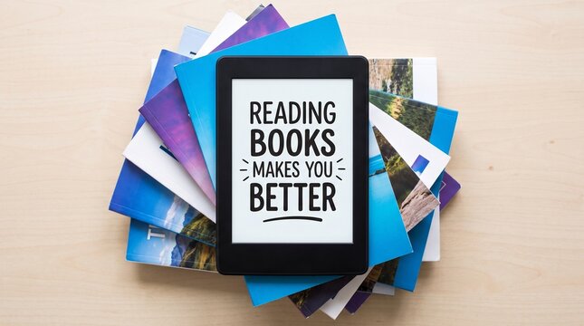 Electronic reader with motivational text resting on a colorful stack of paper books on wood table with tablet
