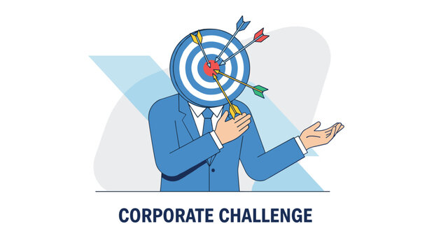 Businessman with a target board instead of a head being hit by multiple arrows representing corporate challenges.