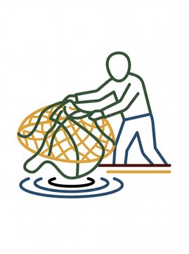 Indigenous peoples' casting a fishing net line art vektor