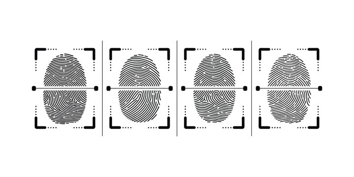 Digital biometric dactyloscopy laser fingerprint scanning interface set on transparent background.