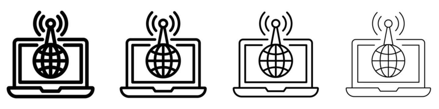 Global network laptop line icon with antenna signal