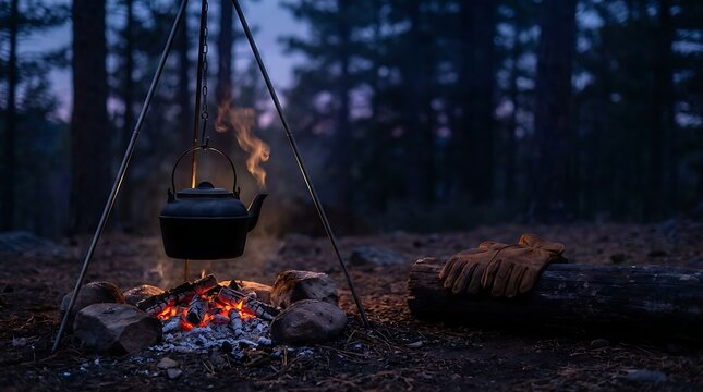 Steaming kettle over a campfire in a forest at dusk with copy space
