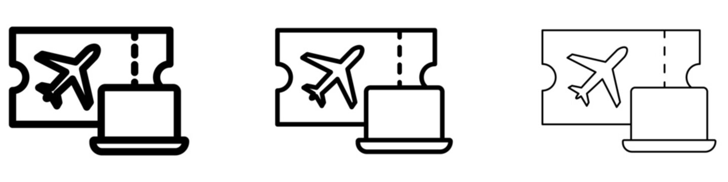 Online airplane ticket booking line icon on laptop