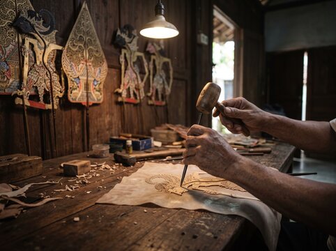 Indonesian wayang kulit shadow puppet being carved from buffalo leather by a craftsman in a Javanese workshop