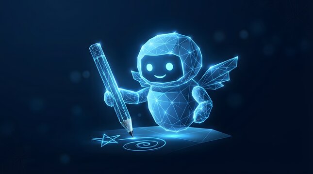 Low poly robot artist drawing with a pencil on a digital tablet futuristic technology