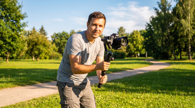 Man using a camera gimbal stabilizer for outdoor video production