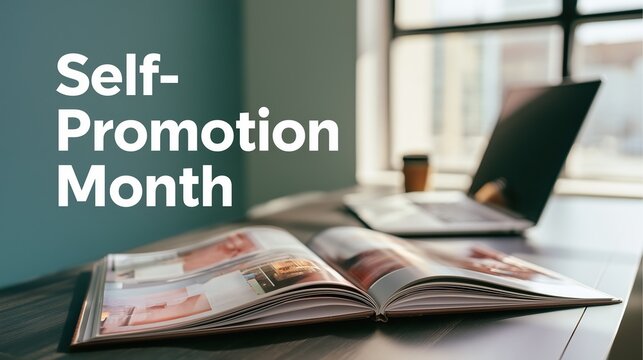 Self-Promotion Month:a creative professional's desk with an open portfolio, laptop and coffee cup in a bright modern studio,"Self-Promotion Month"
