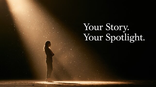 Self-Promotion Month:wide banner photograph of a lone businesswoman standing in a warm spotlight beam on a dark empty theater stage, typography reading "Your Story. Your Spotlight."