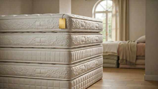 Stacked mattresses in a bright bedroom with natural light and modern home interior