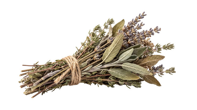 Dried herb bundle tied with jute twine, organic lavender sage and thyme bunch, aromatic culinary herbs for cooking and natural wellness isolated PNG with Transparent Background