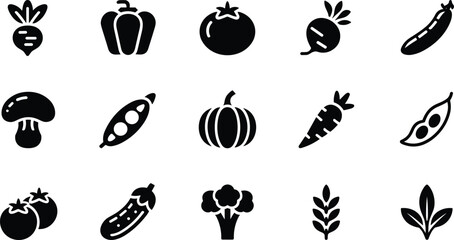 Obraz premium Vegetable silhouette icon set featuring broccoli, tomato, carrot, mushroom, pumpkin, and leafy greens for food design projects