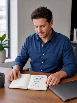 Man reviewing first week of 2027 goals at a desk