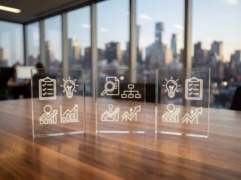 Three acrylic risers displaying illuminated business icons against a city skyline backdrop