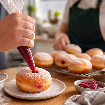 Hand filling a powdered jelly doughnut with jam