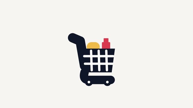 Shopping Cart Icon with Grocery Items Filling Up for Retail Commerce and Consumer Web Design