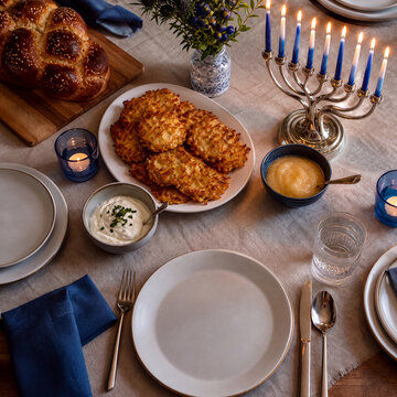 Hanukkah table set with latkes and a lit menorah