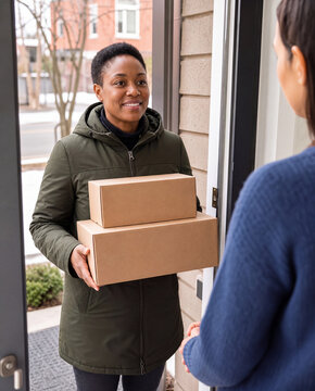 Courier delivering two parcels at a front door