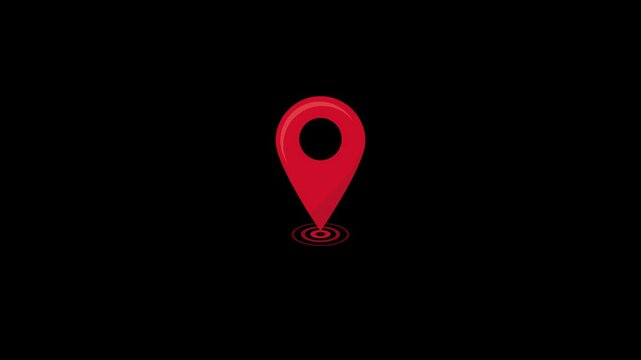 Red location pin icon with animated ripple effect on black background for GPS navigation and map marker visualization