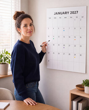 Woman planning dates on a January 2027 wall calendar