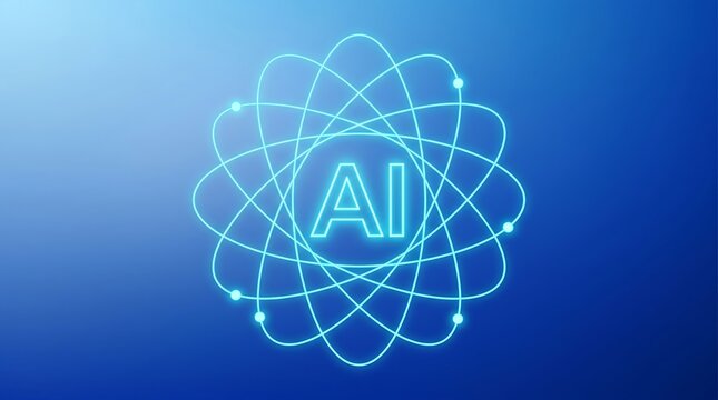 Glowing Blue AI Logo Surrounded By Quantum Atomic Orbital Rings