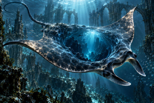 Giant manta ray containing an underwater world inside its body