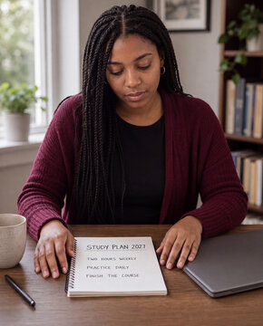 Woman reviewing a handwritten 2027 study plan