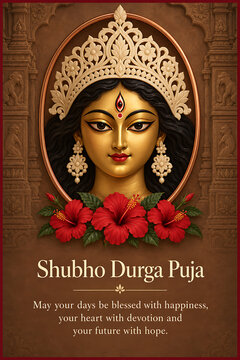 Traditional goddess durga portrait with ornate crown hibiscus flowers temple carvings for durga puja navratri bengali hindu festival greeting card poster design