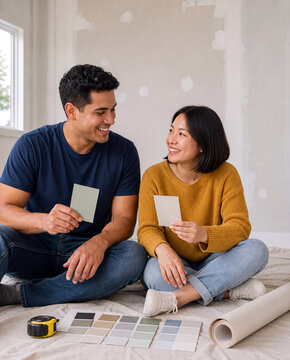 Two adults choosing colors for a home project